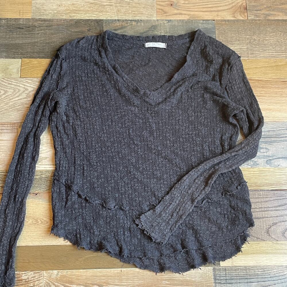 Free People We The Free XS Charcoal Distressed Open Knit V Neck Sweater